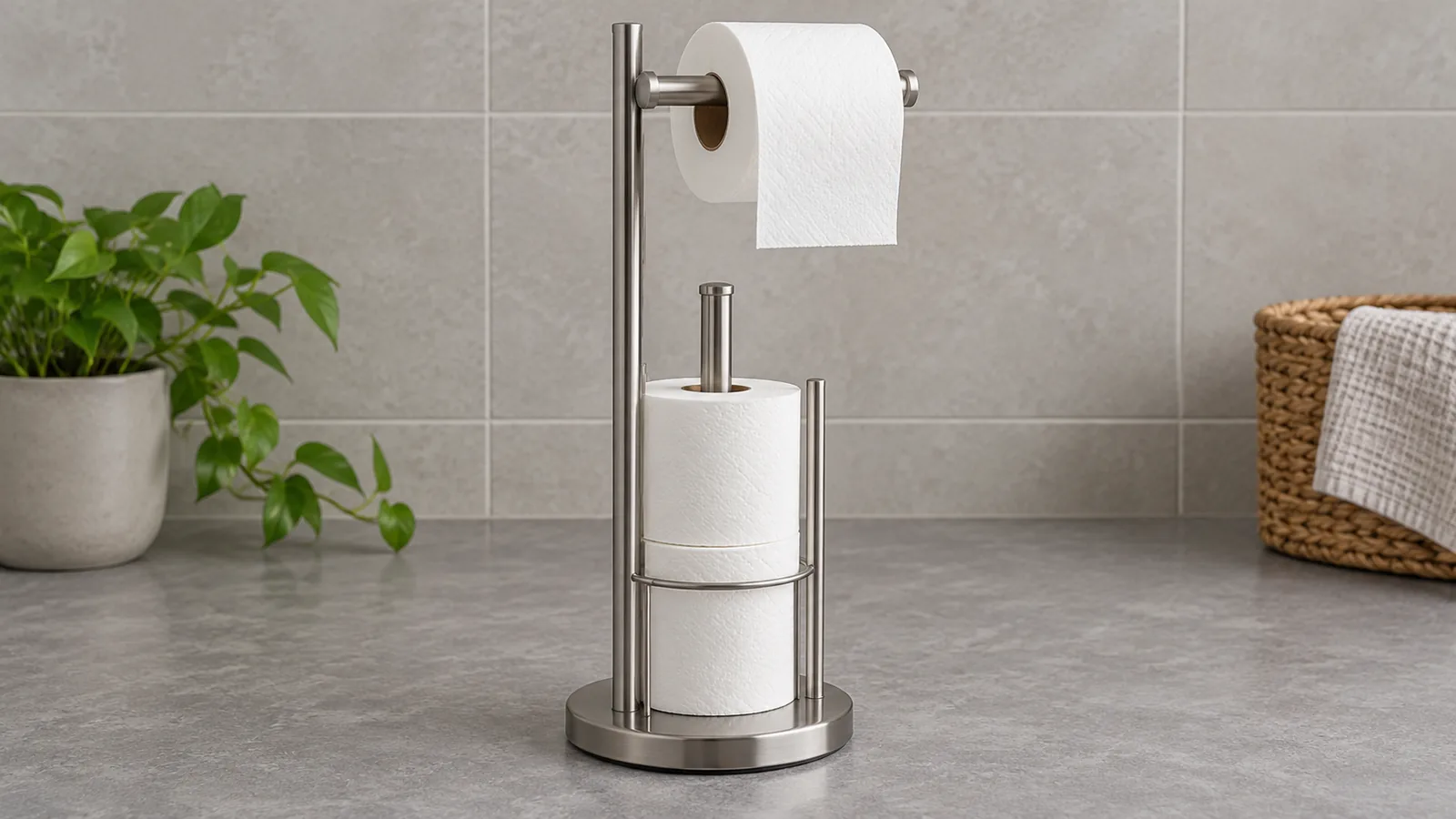 Conceptual freestanding metal toilet-paper holder with a dispensing arm and reserve-roll support