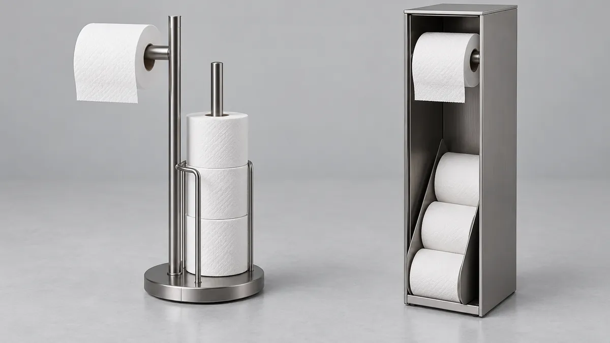 Conceptual comparison of open reserve-post and enclosed toilet-paper storage arrangements