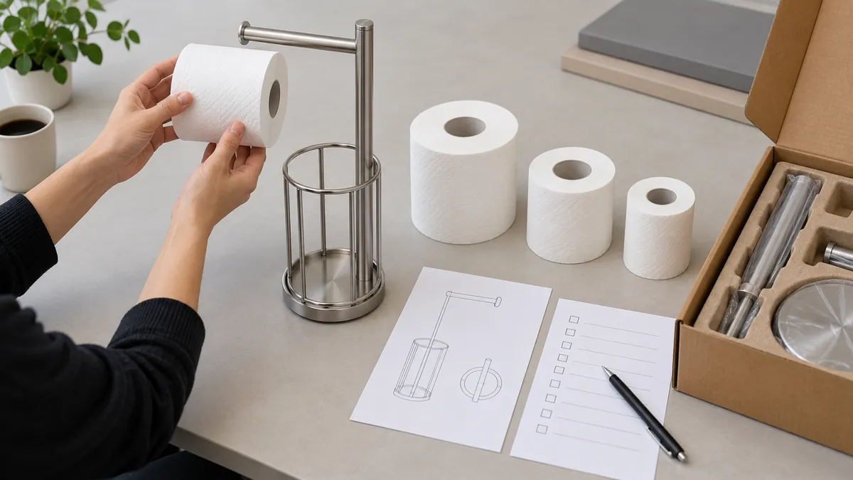 Buyer hands compare paper-roll samples with a conceptual freestanding holder before sample approval