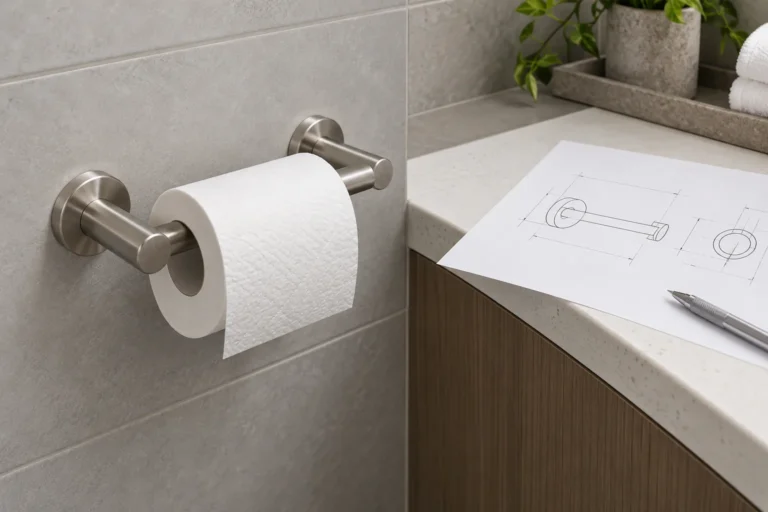 A generic wall-mounted toilet paper holder shown beside reference lines for an installation drawing.
