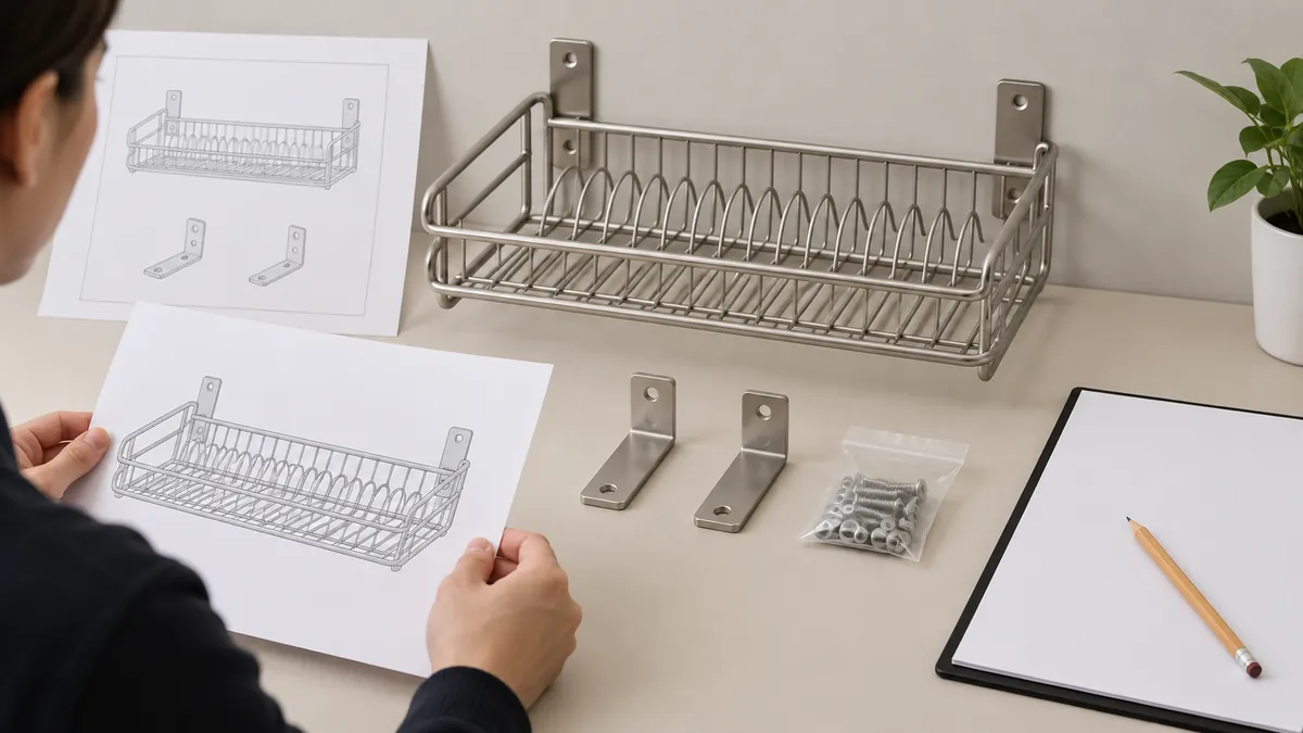 Importer reviewing a wall-mounted dish rack sample, separate mounting parts and a blank checklist