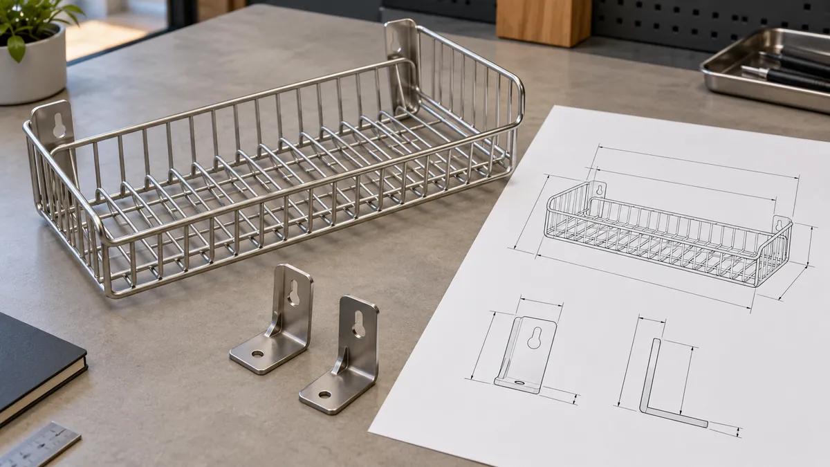 Conceptual wall-mounted dish rack sample beside an unmarked interface drawing and separate bracket components