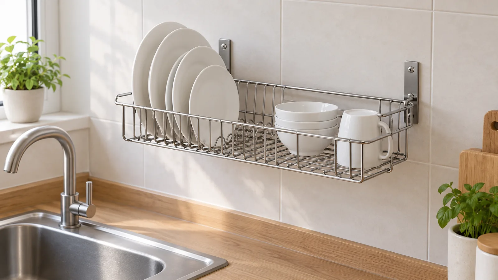 Conceptual wall-mounted metal dish rack sample shown with separate mounting-interface components for importer review