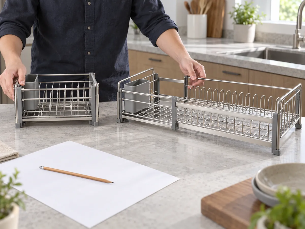 Buyer reviewing a generic dish rack at compact and extended positions with a blank drawing sheet