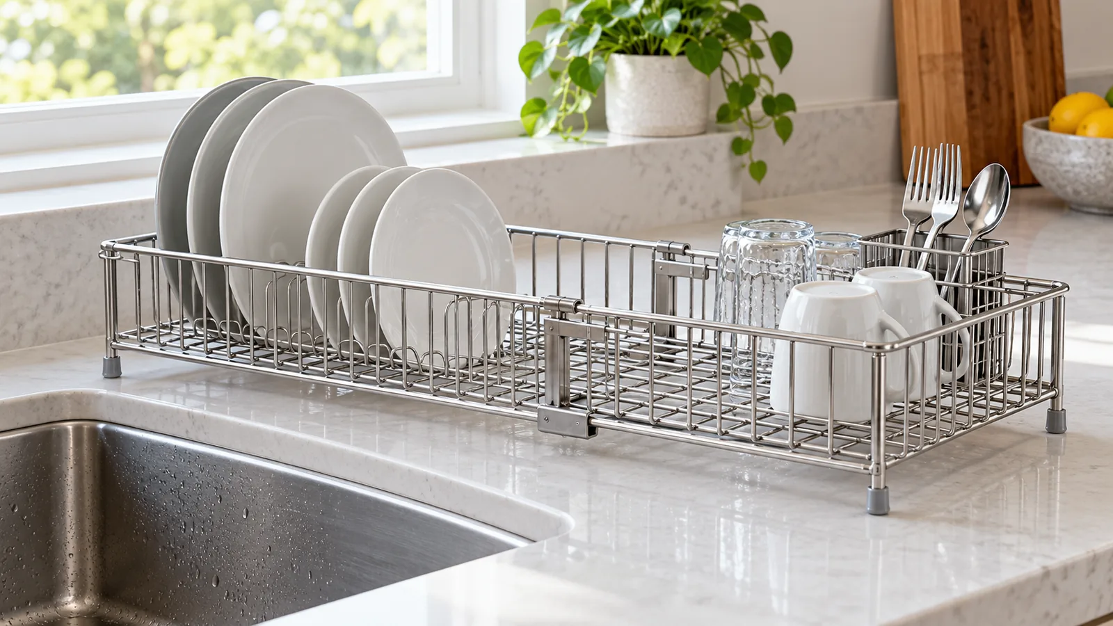 Generic expandable stainless-steel dish rack shown with its sliding sections partially extended