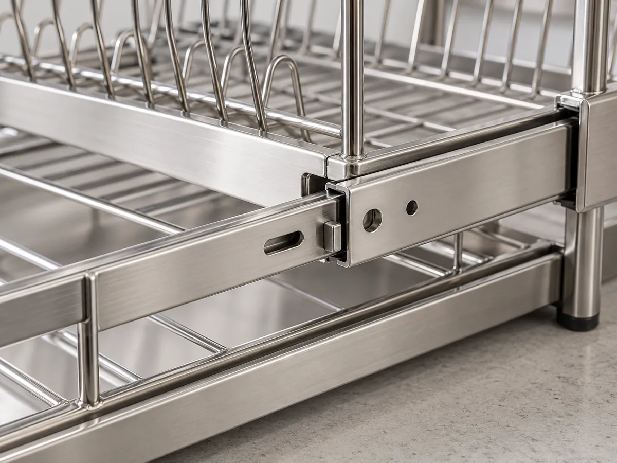 Close-up of generic nested dish-rack rails showing overlap and a physical travel stop
