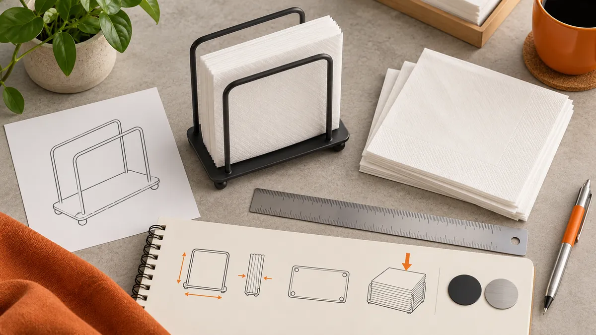 Conceptual buyer checklist illustration showing napkin format, footprint and holder geometry
