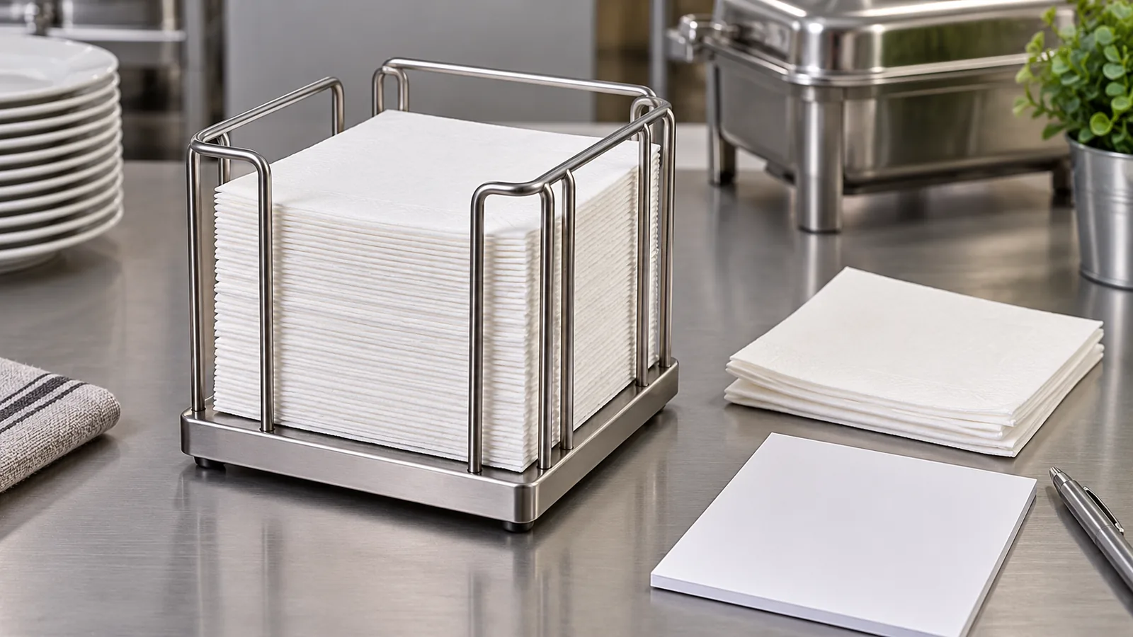 Conceptual freestanding tabletop vertical napkin holder with folded napkins