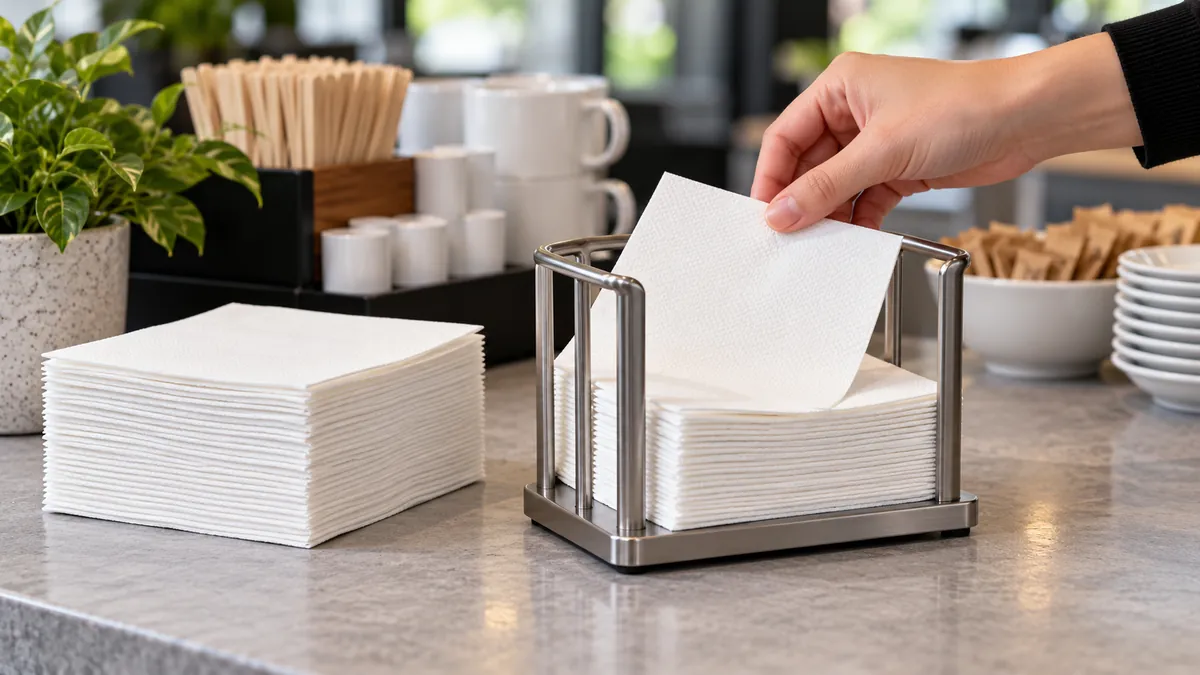 Conceptual sample review showing napkin removal from a partly used tabletop holder; not a Koitor test