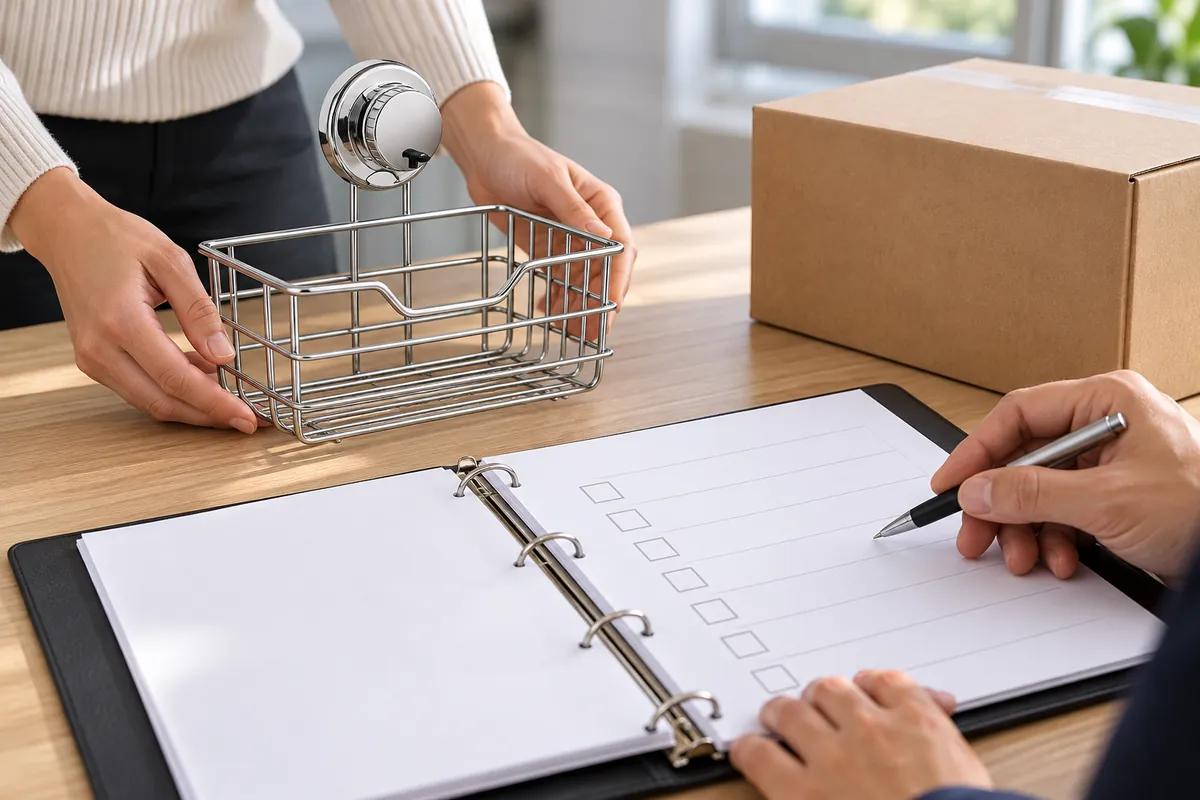 Hardware buyer reviewing a blank responsibility checklist with the referenced chrome wire basket sample.