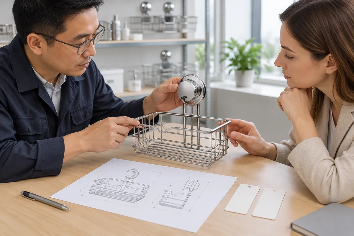 Buyer and factory contact reviewing a chrome wire basket sample and blank revision records.