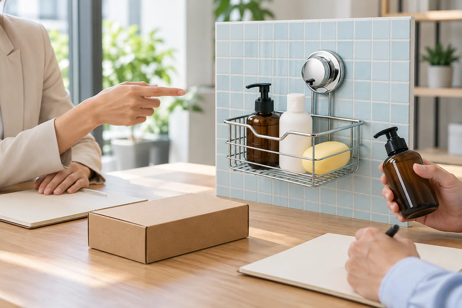 Buyer comparing sourcing documents beside a chrome wire bathroom basket and plain sample carton.