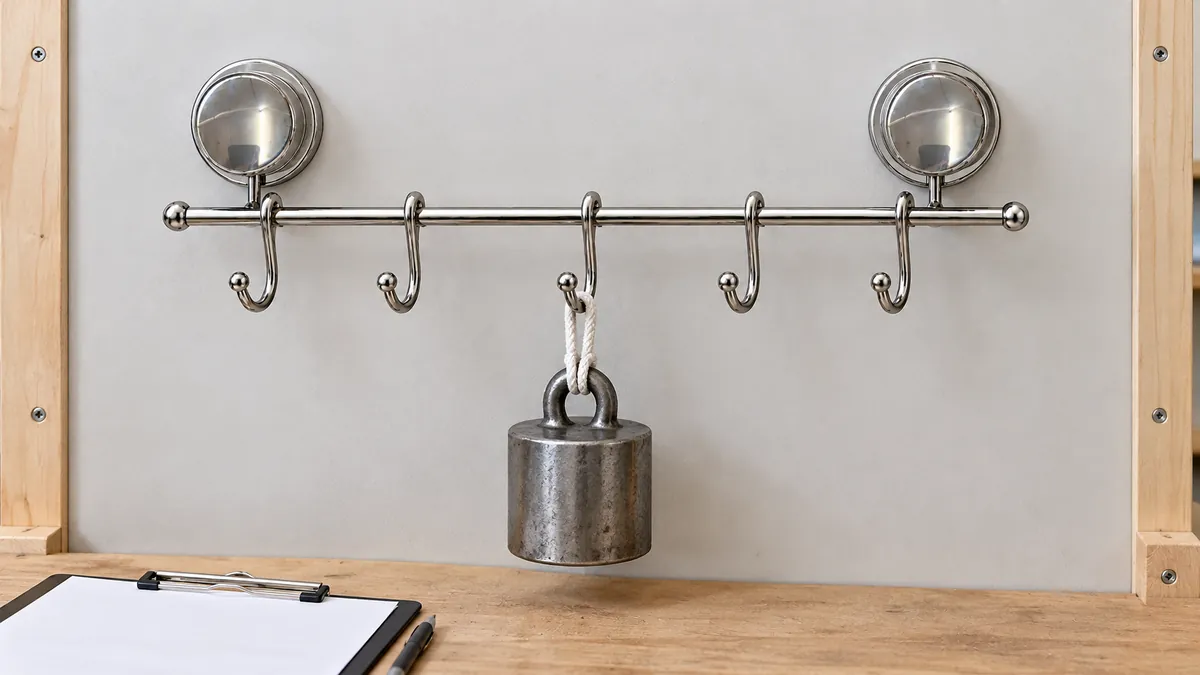 Five-hook chrome suction towel bar with a single illustrative load point on a smooth panel