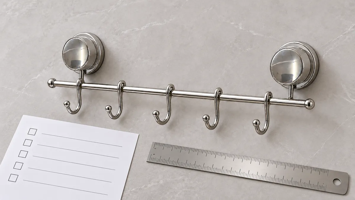 Two-mount chrome towel bar beside blank supplier evidence papers and an unmarked sample envelope