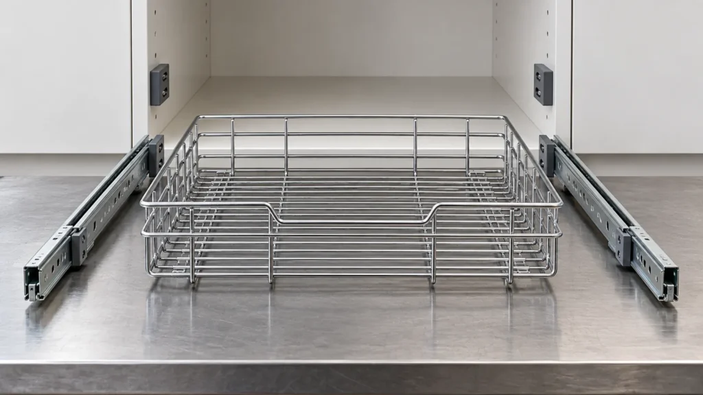 Pull-out wire basket and cabinet runner width interface for OEM sample review