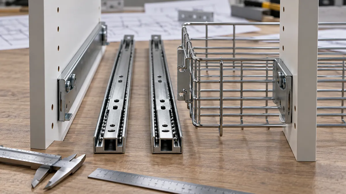Cabinet opening, paired runner spacers and basket width checked during sample approval