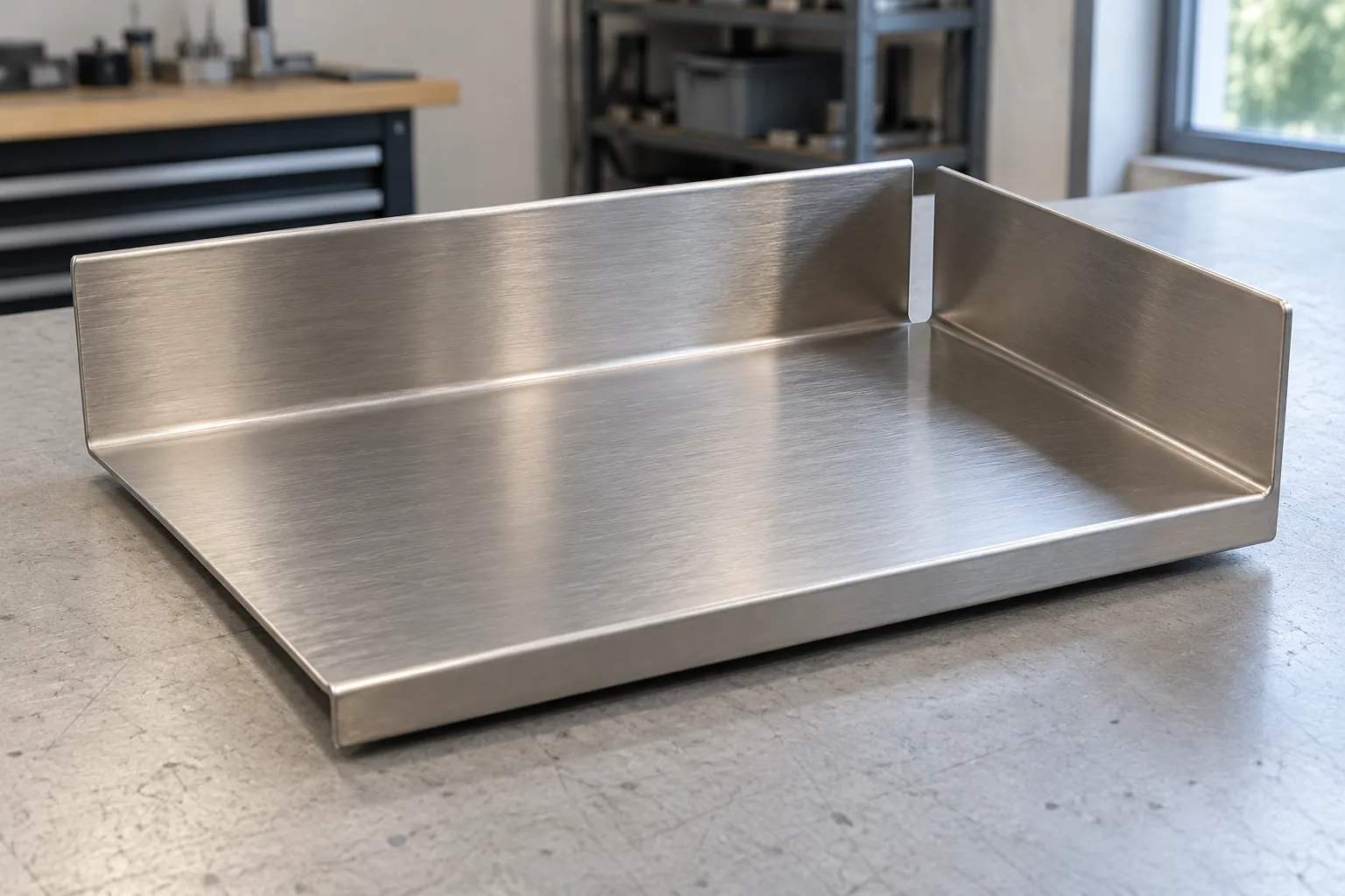 Formed sheet-metal shelf showing a corner relief between intersecting return flanges
