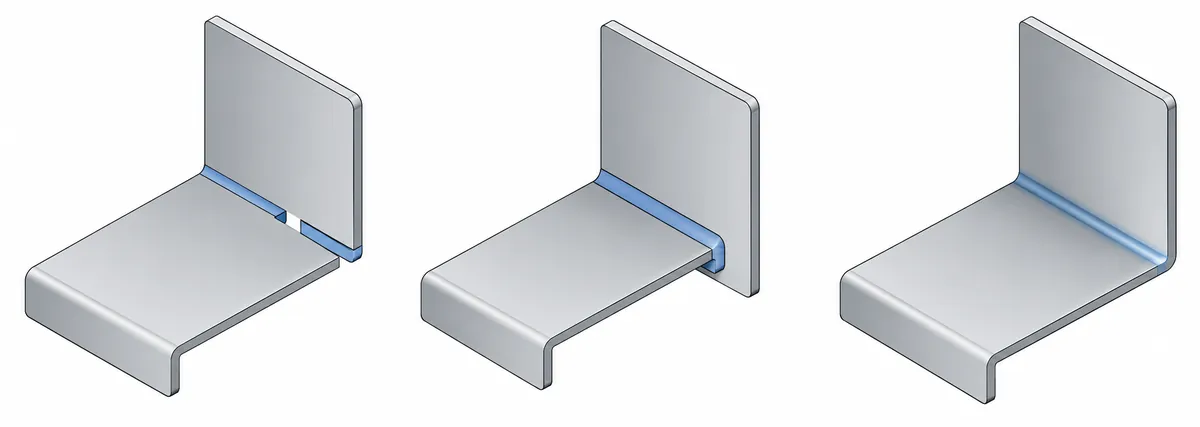 Concept comparison of open, overlapping and finished sheet-metal corner reliefs