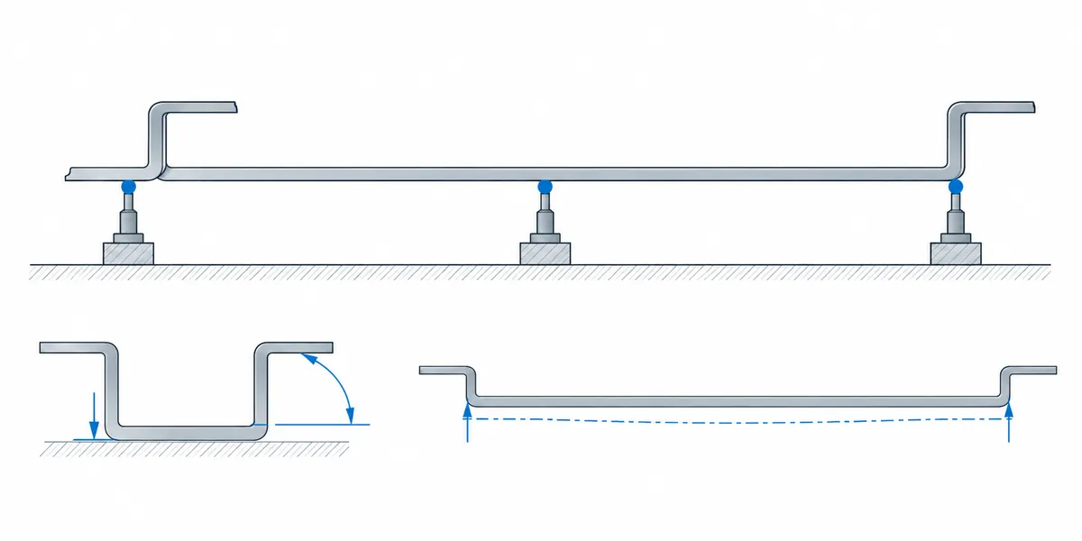 Engineering diagram with inspection points along a long formed profile