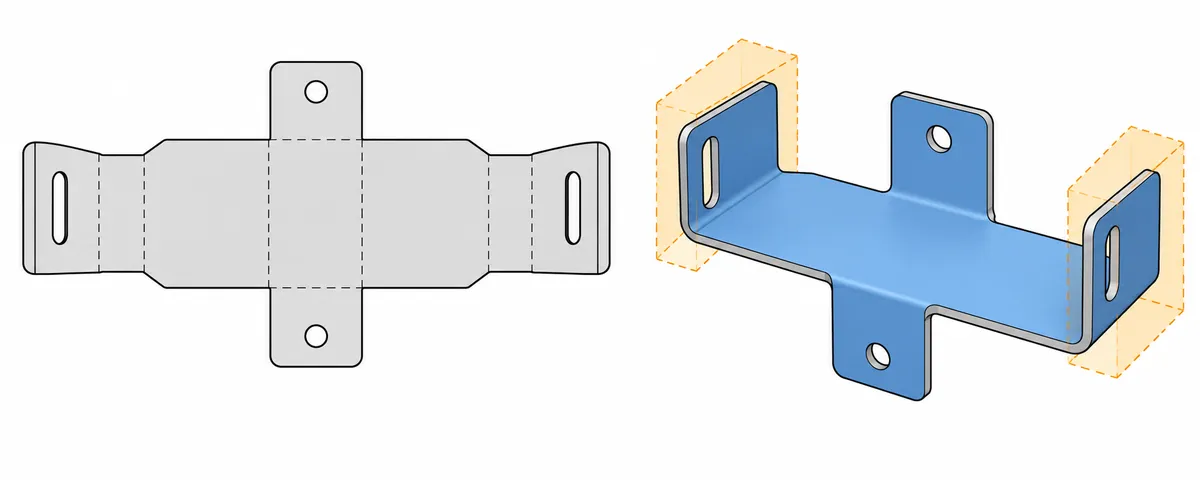 Diagram relating sheet-metal flat pattern, cosmetic face and tool-clearance zones