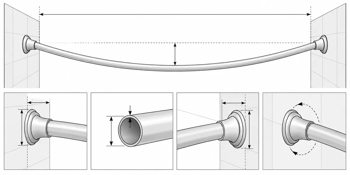 Technical drawing of curved rod span, curve and end-bracket check points