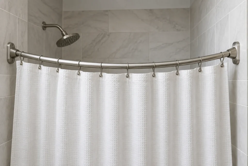 Curved shower curtain rod supported by wall brackets at both ends