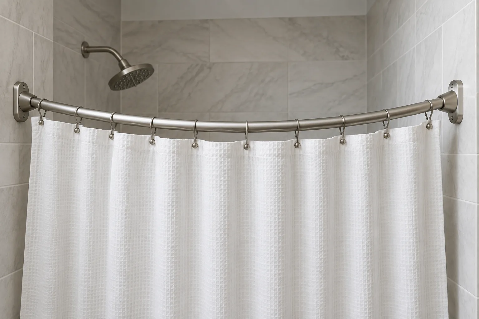 Curved shower curtain rod supported by wall brackets at both ends