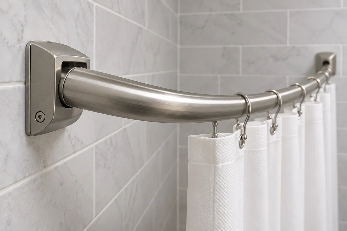 Curved shower curtain rod seated in its end wall bracket