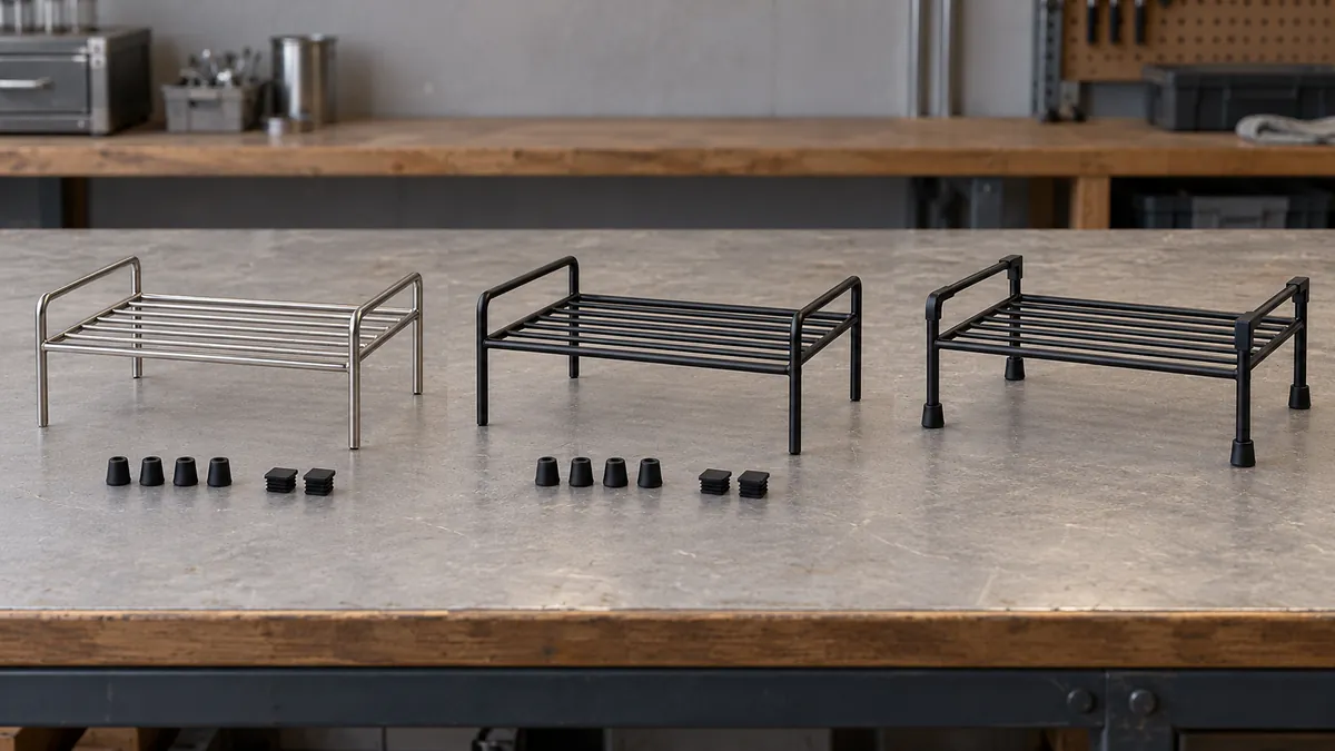 Three-stage conceptual sequence showing a bare metal rack with separate accessories, a coated rack, and the same rack assembled