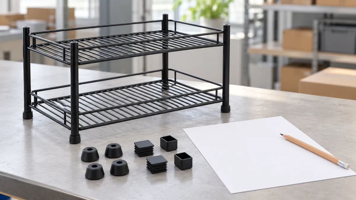 Buyer reviewing a coated wire rack, loose component samples and a blank inspection checklist