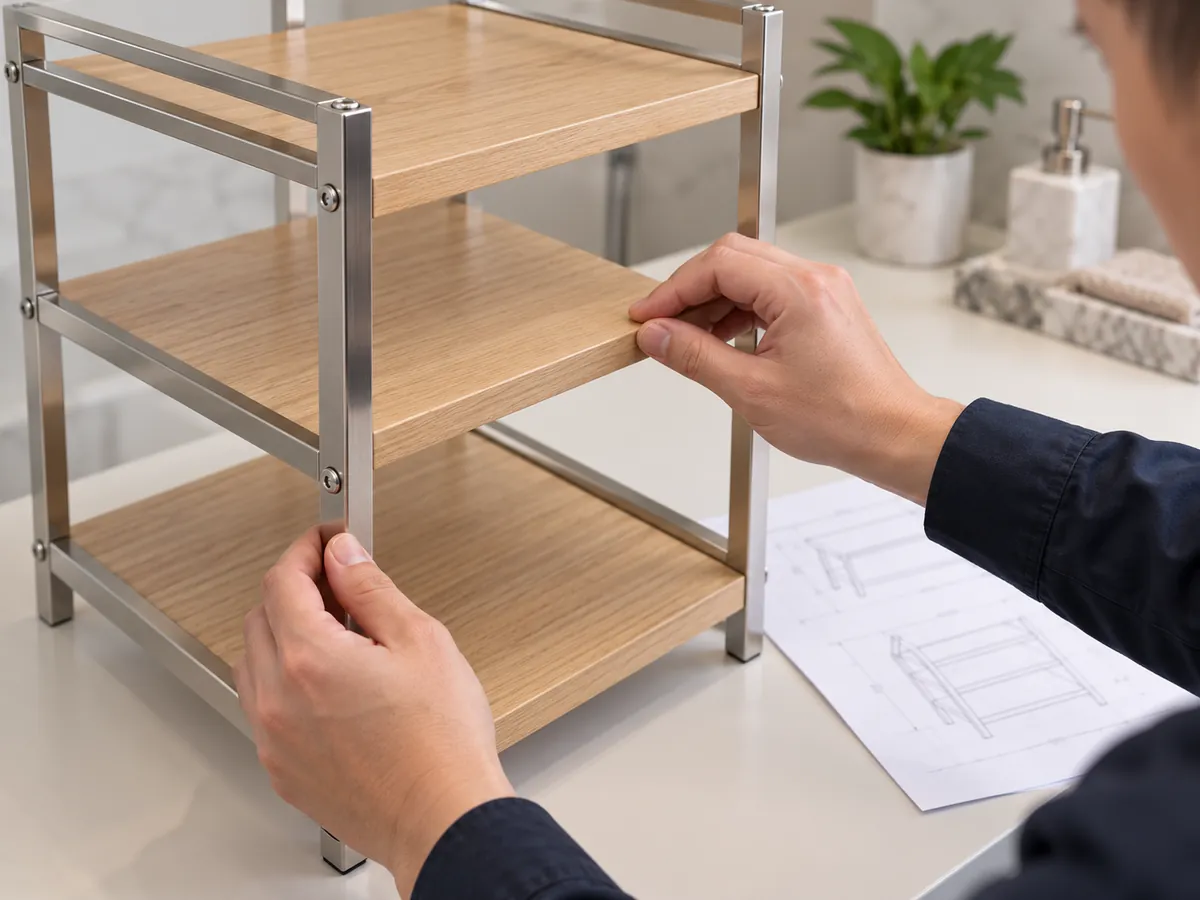 Buyer reviews the metal-to-wood attachment and panel finish on an organizer sample.