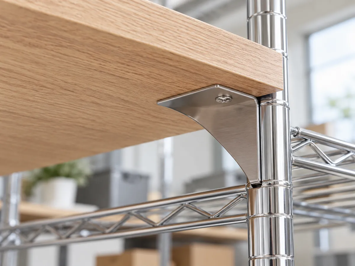 Close view of a steel support bracket and fastener at a wood organizer panel.
