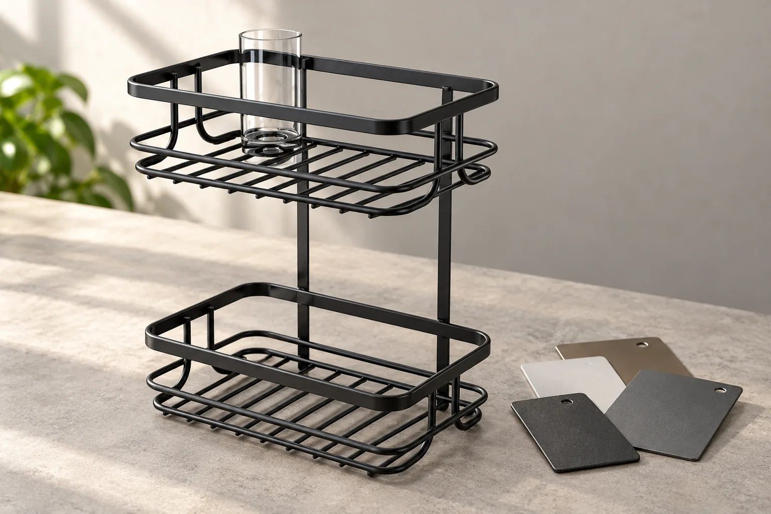 Powder-coated bathroom storage basket and finish sample coupons for importer review