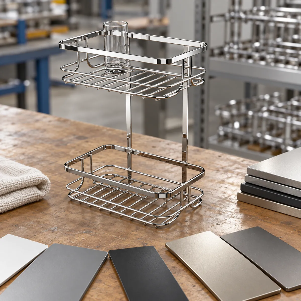 Coated metal bathroom rack beside unmarked finish coupons for supplier specification review