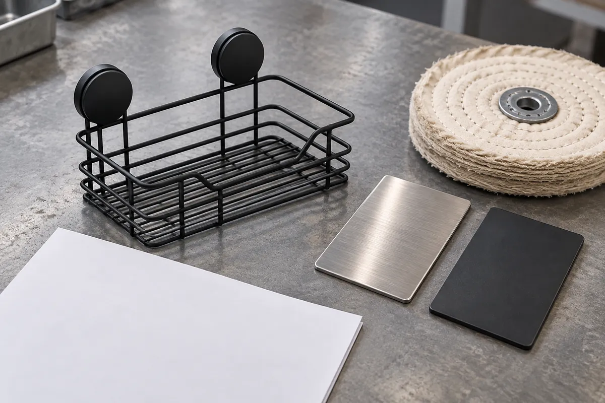 Buyer sample-review setup comparing a metal coupon, coated coupon, wire basket and buffing wheel