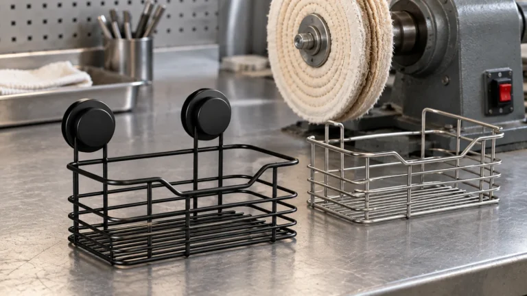 Black wire bathroom basket with two suction mounts beside a stitched buffing wheel and metal sample on an inspection bench