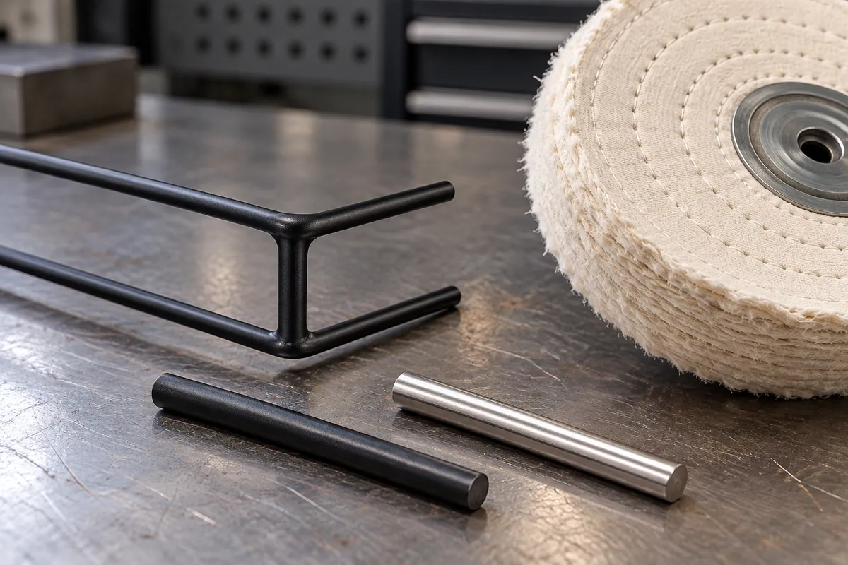 Wire basket junction and separate metal finish samples beside a cotton sisal buffing wheel