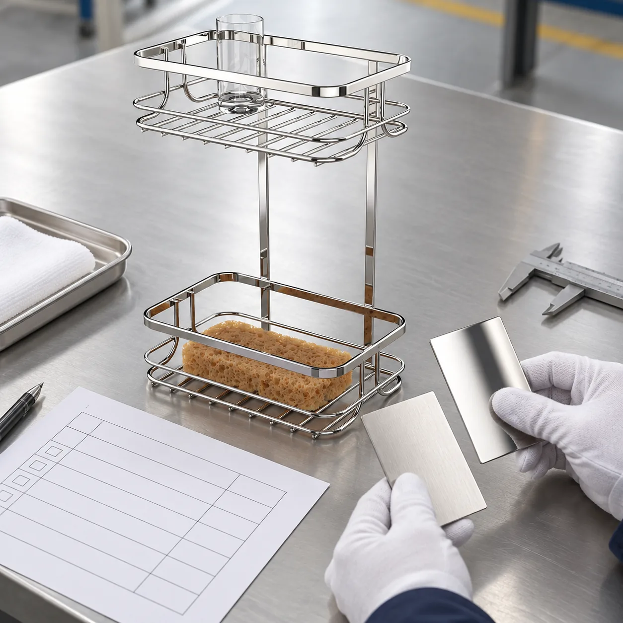 Stainless two-tier bathroom basket beside abrasive belt samples for buyer review