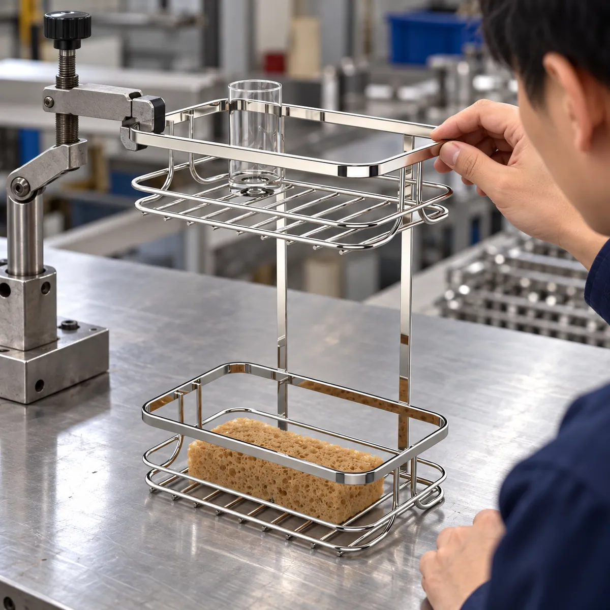 Buyer reviewing a stainless basket sample with blank dimensional inspection notes