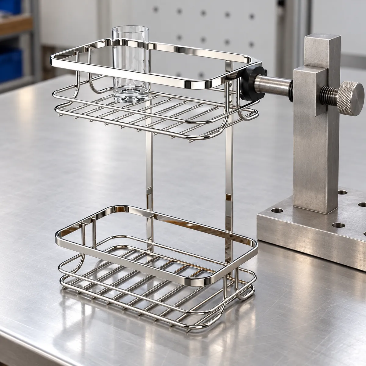 Bathroom basket held gently at one edge while the sample is reviewed for shape