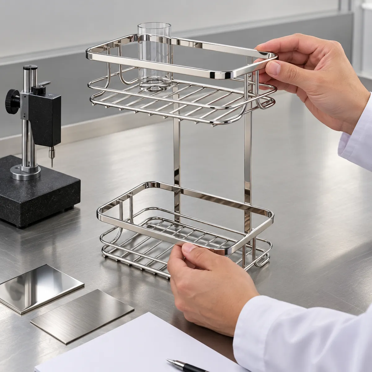 Buyer comparing a bathroom basket sample and blank measurement plan