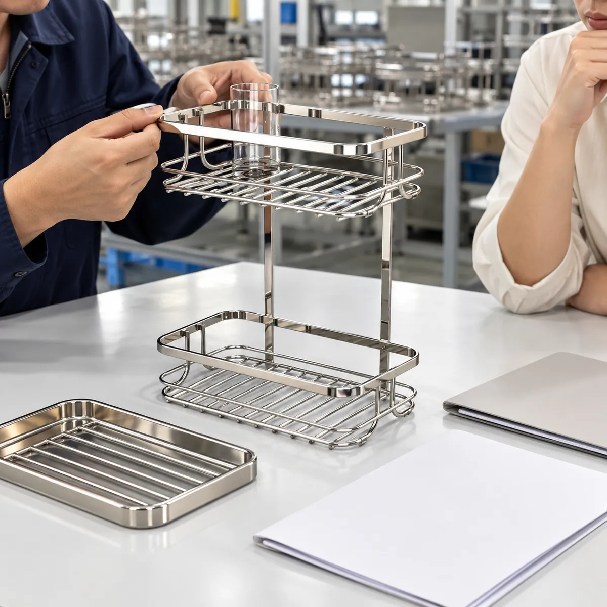 Buyer and supplier review a bathroom basket sample with blank quality notes
