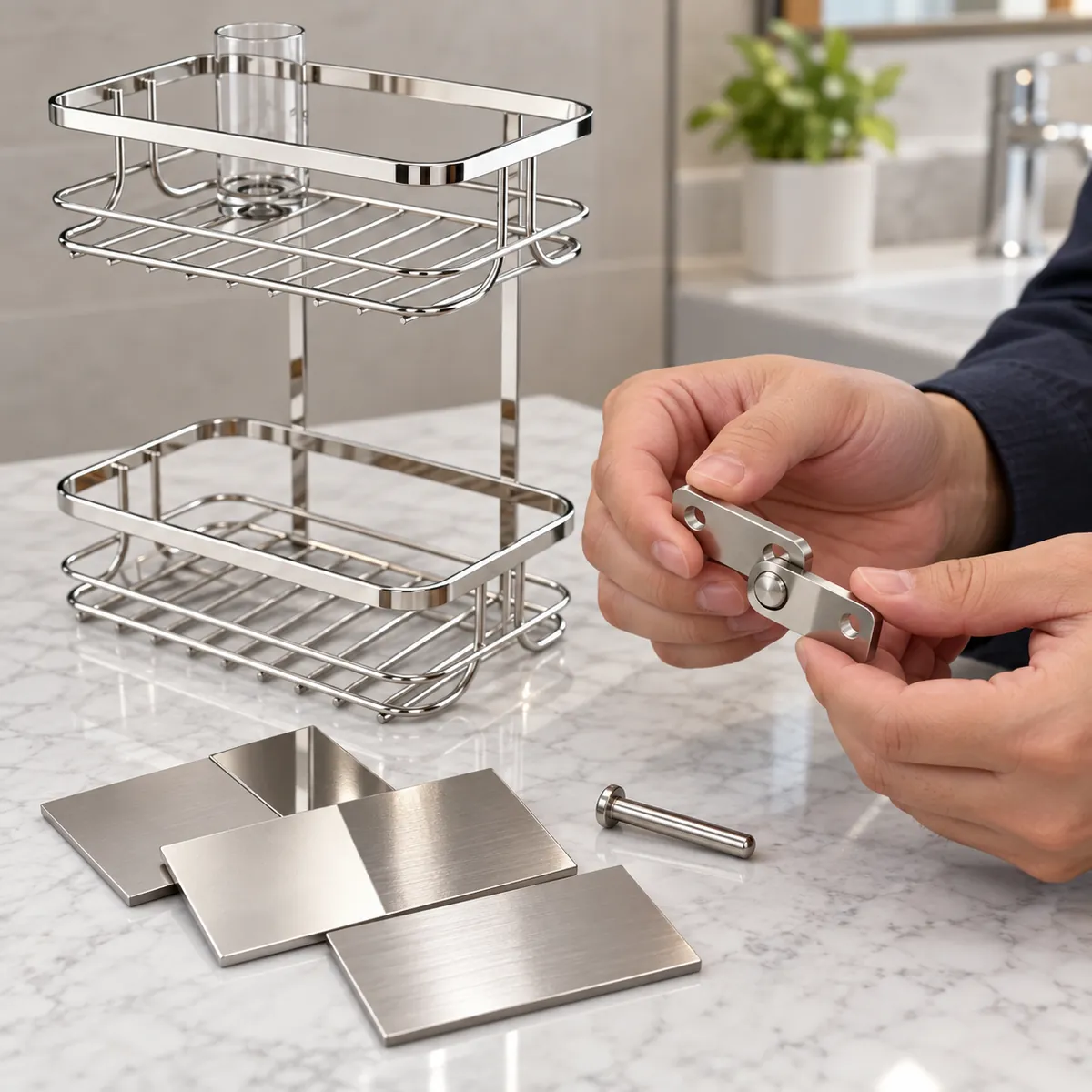 Buyer reviewing a riveted pivot assembly beside metal samples