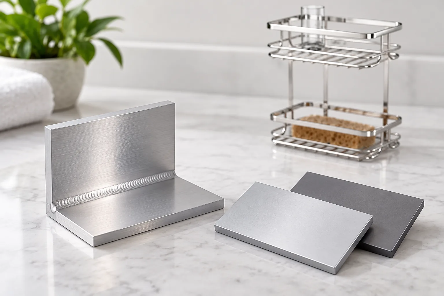 Joined metal sample and finish coupons reviewed for alloy and weld compatibility; adjacent aluminum sample context