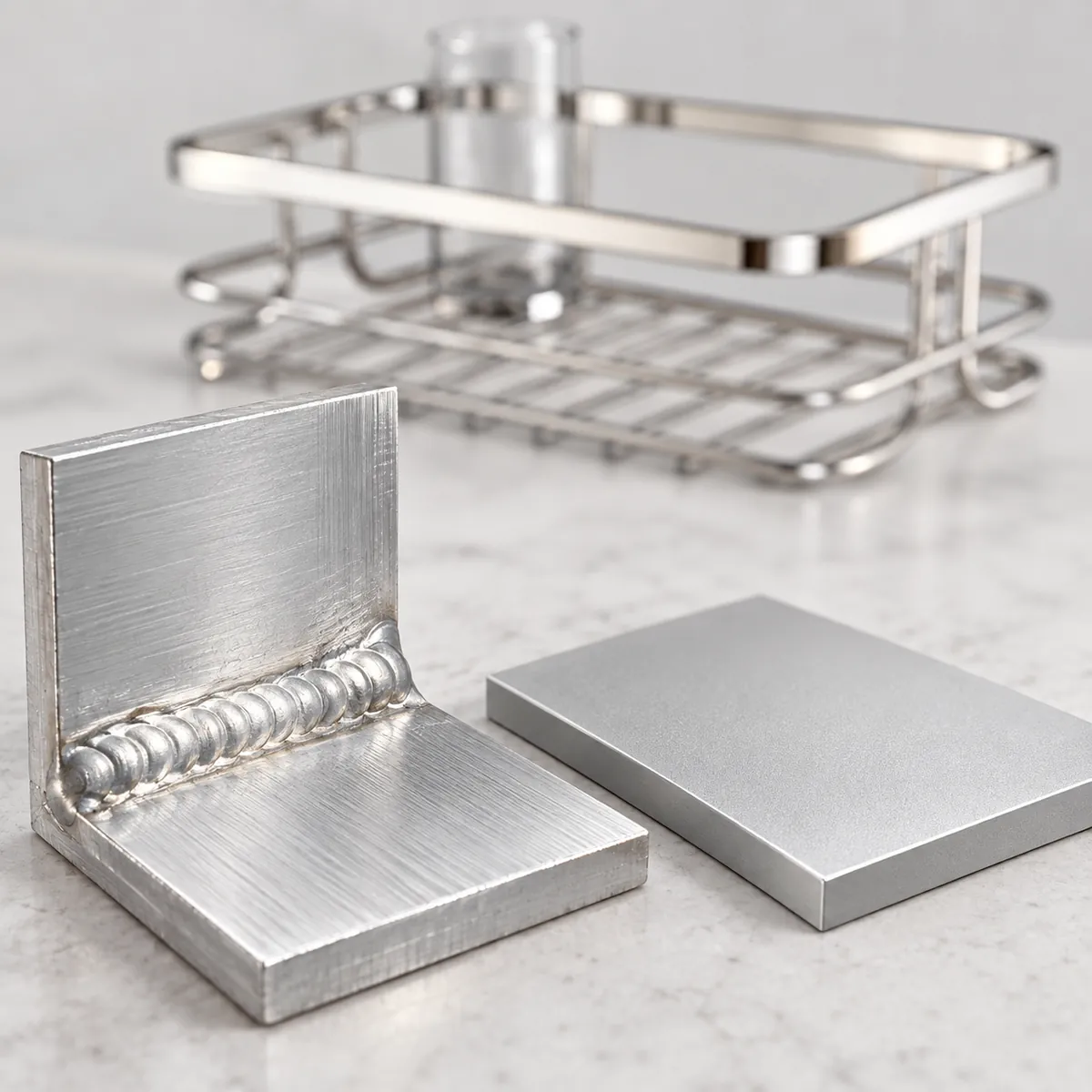 Close-up of a welded metal junction next to separate anodized aluminum coupons. Illustrative comparison only, no invented process result.