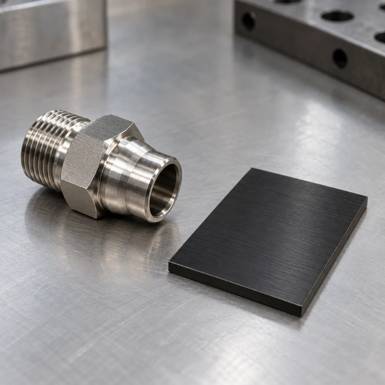Stainless hardware fitting beside a separate dark black oxide finish sample coupon