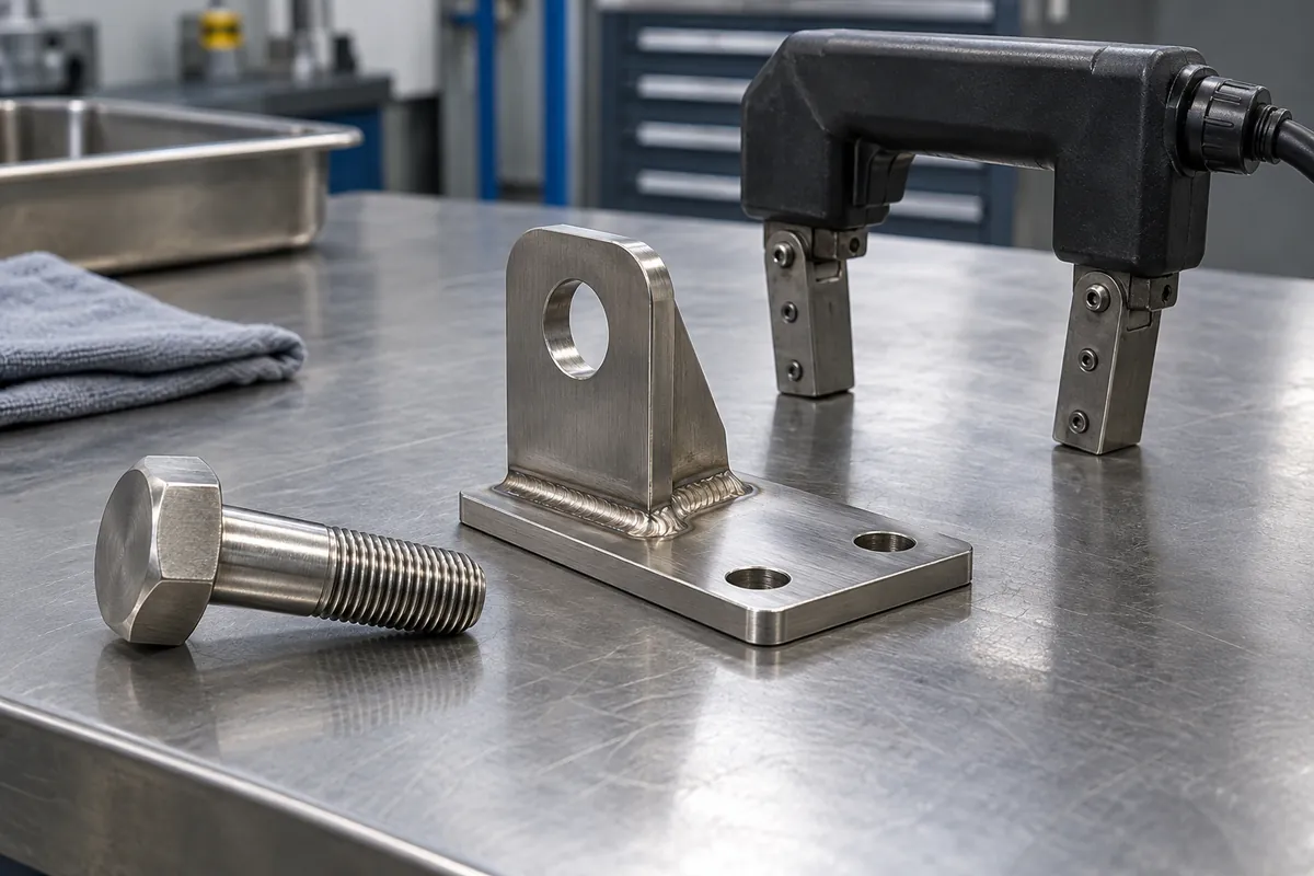 Buyer and engineer reviewing a stamped plate on a telecentric vision measurement stage