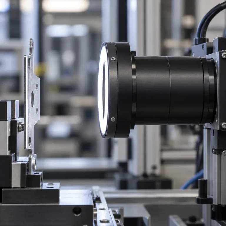 Telecentric optical lens positioned over a stamped metal plate for dimensional measurement