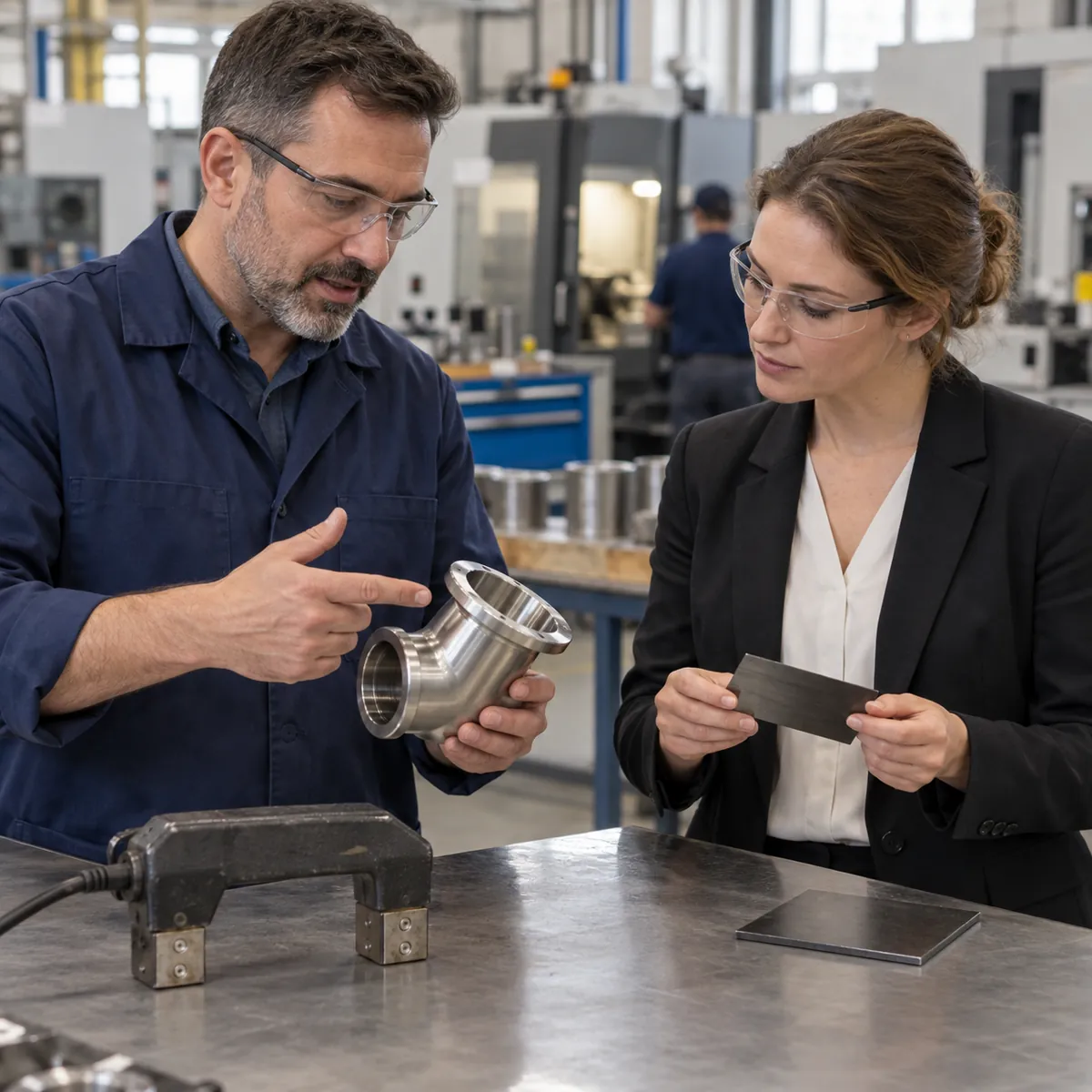 Buyer and engineer discussing material choice and magnetic inspection method