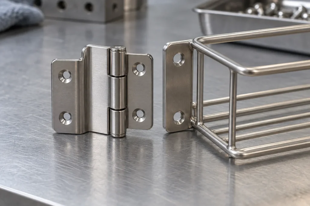 Small stainless hinge with swaged offset leaves shown closed beside a wire organizer bracket